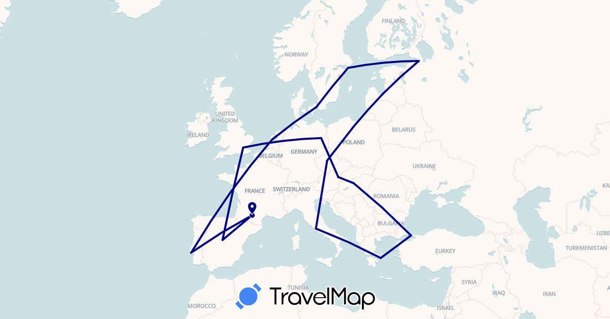 TravelMap itinerary: driving in Austria, Czech Republic, Germany, Denmark, Spain, France, United Kingdom, Greece, Hungary, Italy, Latvia, Netherlands, Portugal, Russia, Sweden, Turkey (Asia, Europe)